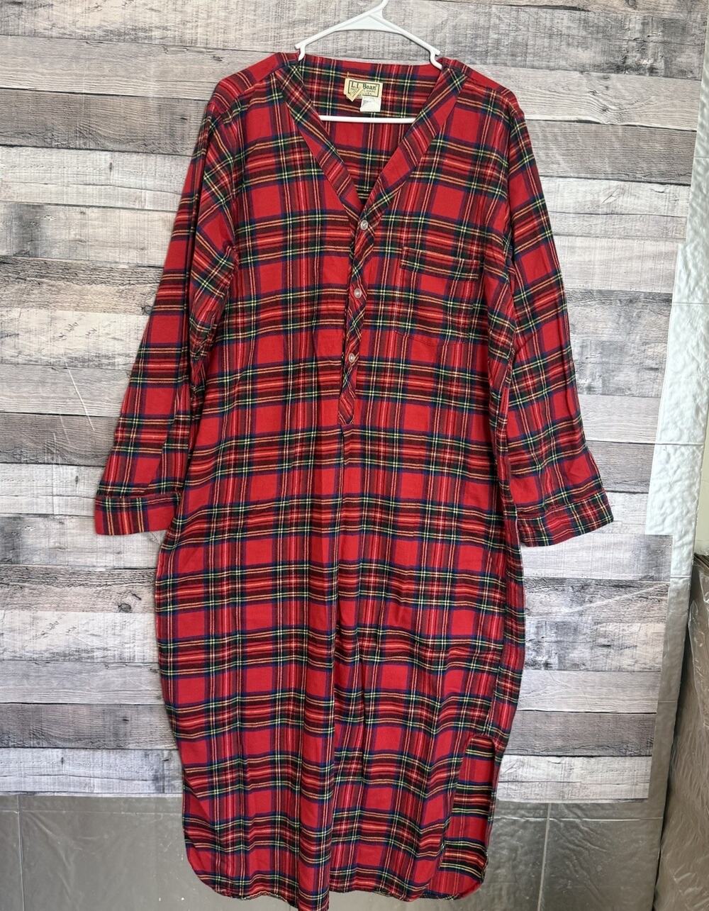 LL Bean Cotton Red Scotch Plaid Flannel Nightgown Women's XL Christmas USA